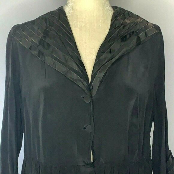 Vintage 40s Large Collar Shirt Dress M Black Buttons Gathered Waist Study Repair - Picture 1 of 12